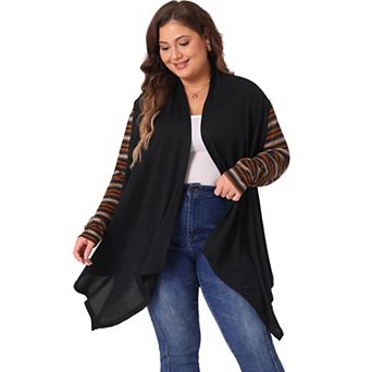 Women's Plus Size Stripe Print Open Front Knit Long Sleeve Cardigan