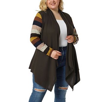 Women's Plus Size Stripe Print Open Front Knit Long Sleeve Cardigan