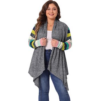 Women's Plus Size Stripe Print Open Front Knit Long Sleeve Cardigan