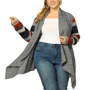 Women's Plus Size Stripe Print Open Front Knit Long Sleeve Cardigan