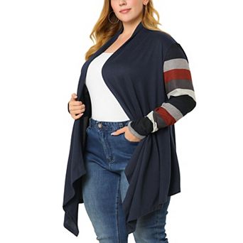 Women's Plus Size Stripe Print Open Front Knit Long Sleeve Cardigan