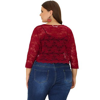Women's Plus Size Elegant Floral Lace Hollow Out Tie Crop Shrug