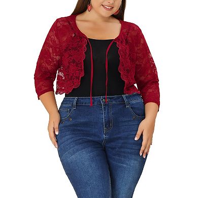 Women's Plus Size Elegant Floral Lace Hollow Out Tie Crop Shrug