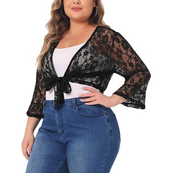 Women's Plus Size Bolero Tie Front Hollow Out Lace Crop Shrug