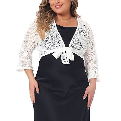 Women's Plus Size Bolero Tie Front Hollow Out Lace Crop Shrug