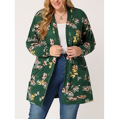Women's Plus Size Kimono Flower Knit Lightweight Open Front Sweaters Fall Cardigans
