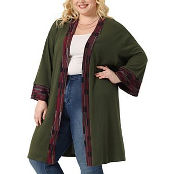 Women's Plus Size Fall Kimono Boho Open Front Midi Cardigan