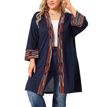 Women's Plus Size Fall Kimono Boho Open Front Midi Cardigan
