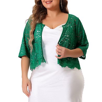 Women's Plus Size Sheer Floral Lace Open Front Shrug Cardigan