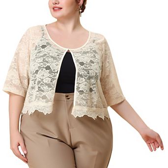 Women's Plus Size Sheer Floral Lace Open Front Shrug Cardigan