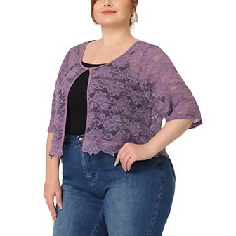 Women's Plus Size Sheer Floral Lace Open Front Shrug Cardigan