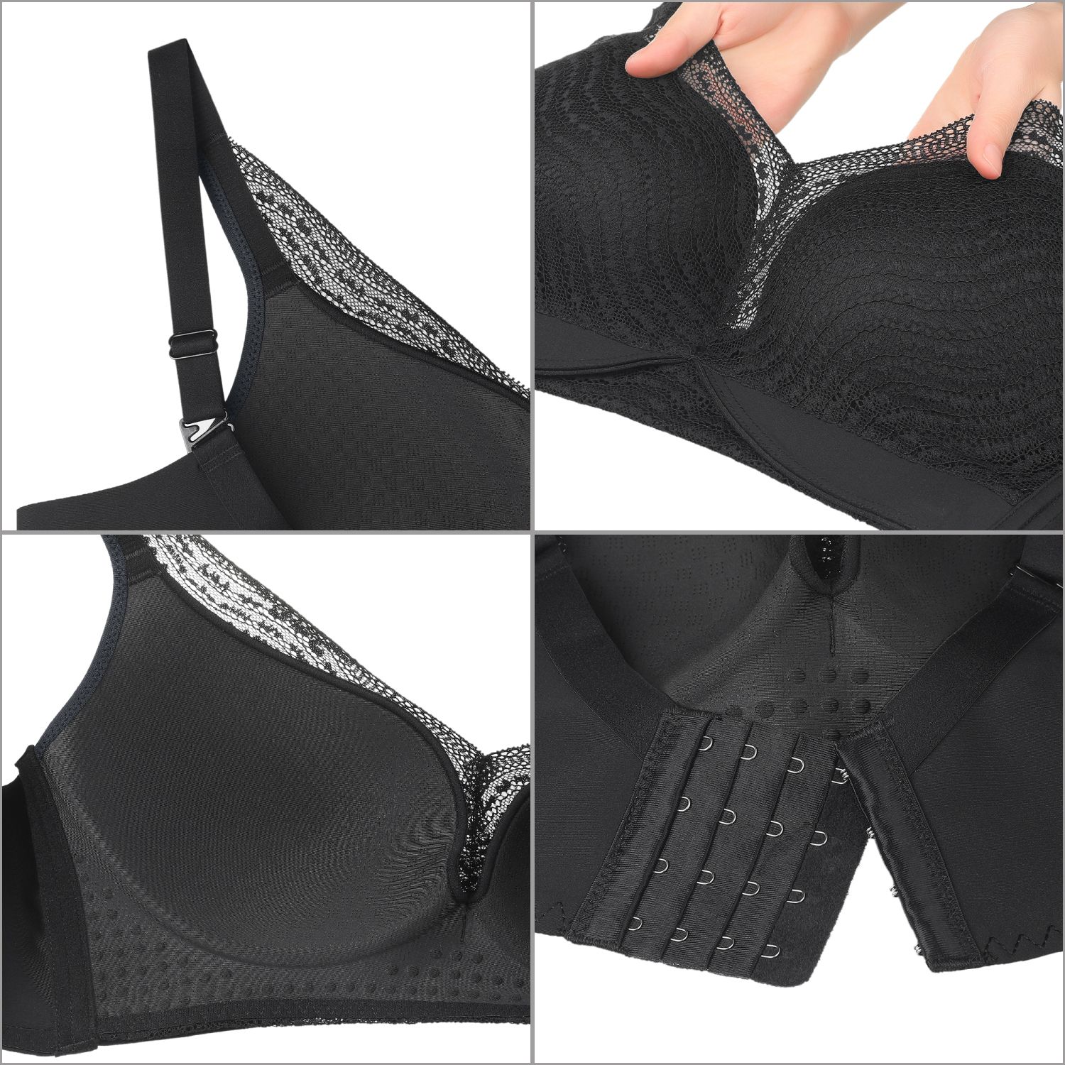 CHAOJIESI Women's Push Up Bra - Plus Size Lace Underwire Bra With Soft Padding & Front Adjustable Straps (Black, 34A) - View #5