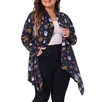 Women's Plus Size Owl Printed Open Front Fall Cardigan