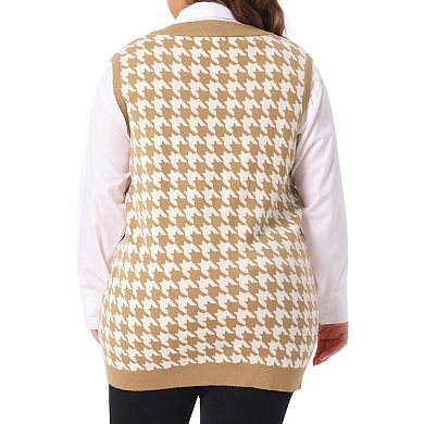 Women's Plus Size Houndstooth V Neck Vest Sweaters