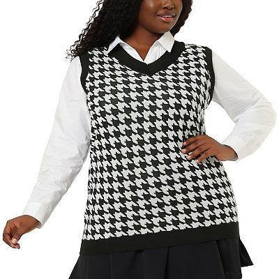 Women's Plus Size Houndstooth V Neck Vest Sweaters