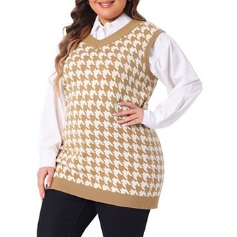 Women's Plus Size Houndstooth V Neck Vest Sweaters