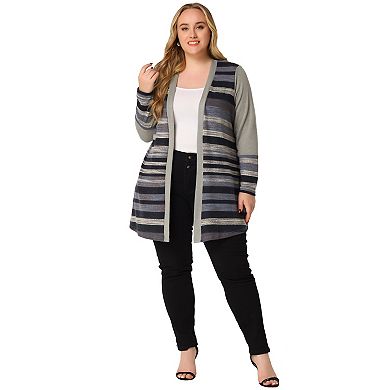 Women's Plus Size Long Sleeves Open Front Striped Fall Cardigan