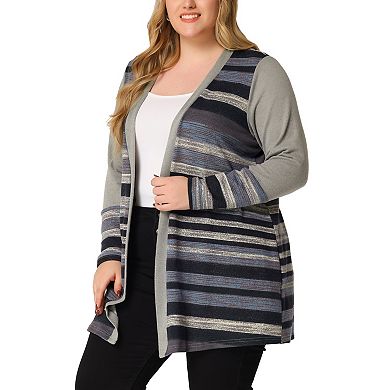 Women's Plus Size Long Sleeves Open Front Striped Fall Cardigan