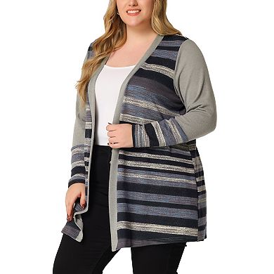 Women's Plus Size Long Sleeves Open Front Striped Fall Cardigan