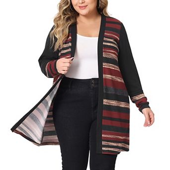 Women's Plus Size Long Sleeves Open Front Striped Fall Cardigan