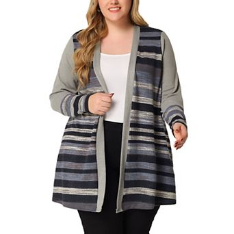 Women's Plus Size Long Sleeves Open Front Striped Fall Cardigan