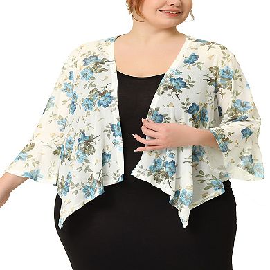 Chiffon Cover Up for Women Plus Size 3/4 Sleeve Floral Printed Bikini Lightweight Summer Cardigans
