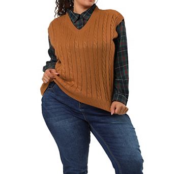 Women's Plus Size Winter Outfits V Neck Solid Knit Sweater Vests