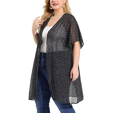 Women's Plus Size Polka Dots Bell Sleeve Chiffon Summer Cardigan