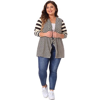 Women's Plus Size Open Front Long Sleeve Mixed Striped Cardigan