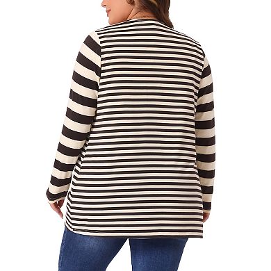 Women's Plus Size Open Front Long Sleeve Mixed Striped Cardigan