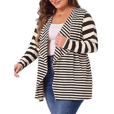 Women's Plus Size Open Front Long Sleeve Mixed Striped Cardigan