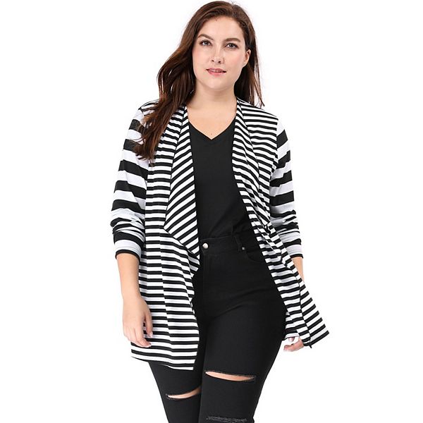 Women's Plus Size Open Front Long Sleeve Mixed Striped Cardigan