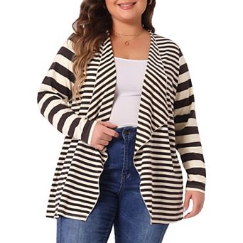 Women's Plus Size Open Front Long Sleeve Mixed Striped Cardigan
