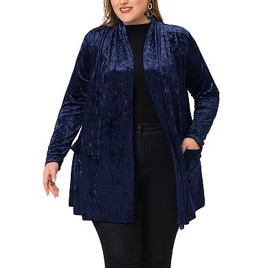 Plus Size Velvet Cardigans for Women Open Front Cardigan with Pockets