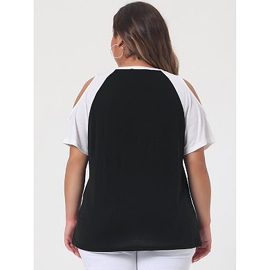 Women's Plus Size Summer Color Block Short Sleeves Cold Shoulder Tops