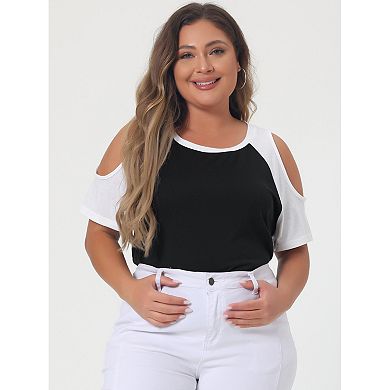Women's Plus Size Summer Color Block Short Sleeves Cold Shoulder Tops