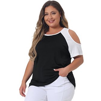 Women's Plus Size Summer Color Block Short Sleeves Cold Shoulder Tops