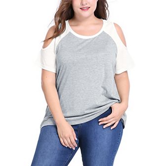Women's Plus Size Summer Color Block Short Sleeves Cold Shoulder Tops