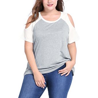 Women's Plus Size Summer Color Block Short Sleeves Cold Shoulder Tops