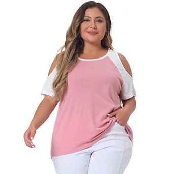 Women's Plus Size Summer Color Block Short Sleeves Cold Shoulder Tops