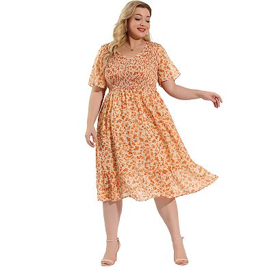 Women's Plus Size Smocked Dresses Elegant Floral Midi Flare Dress