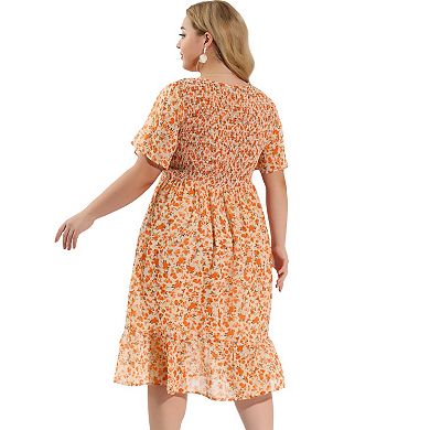 Women's Plus Size Smocked Dresses Elegant Floral Midi Flare Dress