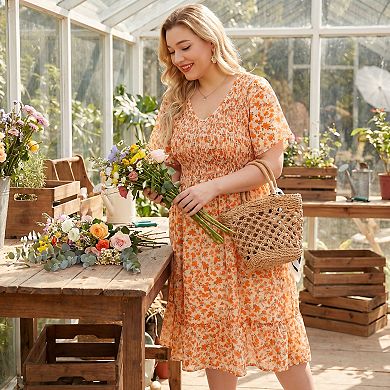 Women's Plus Size Smocked Dresses Elegant Floral Midi Flare Dress