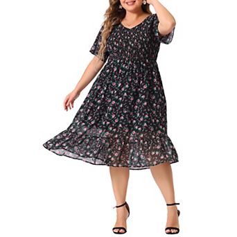 Women's Plus Size Smocked Dresses Elegant Floral Midi Flare Dress