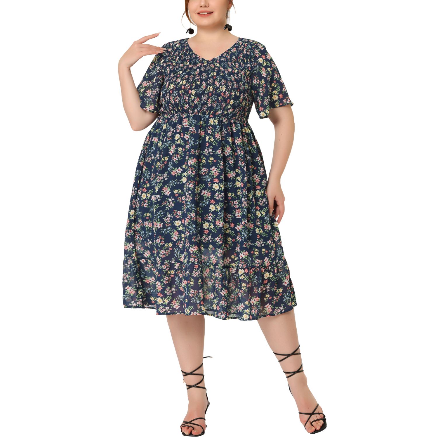 Agnes Orinda Women's Plus Size Elegant Smocked Chiffon Floral Midi A Line Dresses Black Pink 1x Women's Plus Size Smocked Dresses Elegant Floral Midi Flare Dress