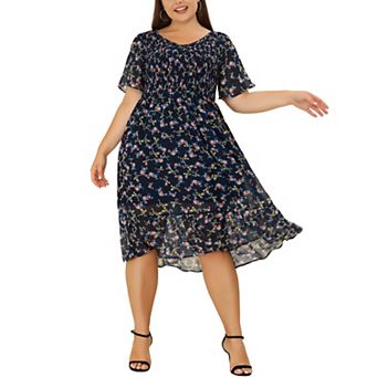Women's Plus Size Smocked Dresses Elegant Floral Midi Flare Dress