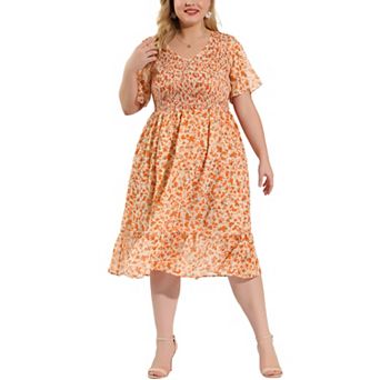 Women's Plus Size Smocked Dresses Elegant Floral Midi Flare Dress