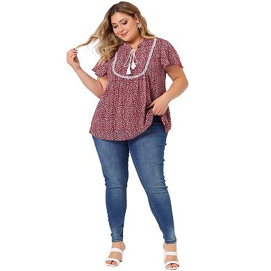 Women's Plus Size Blouse Ruffle Sleeve Lace Trim Tie Neck Peasant Top