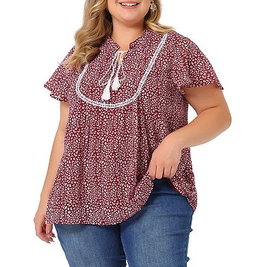 Women's Plus Size Blouse Ruffle Sleeve Lace Trim Tie Neck Peasant Top