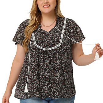 Women's Plus Size Blouse Ruffle Sleeve Lace Trim Tie Neck Peasant Top